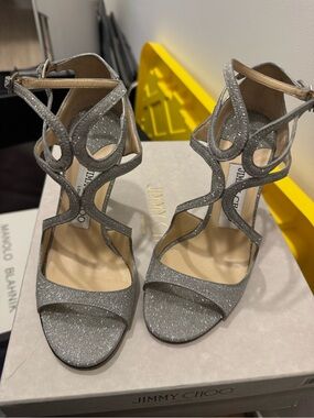 Jimmy Choo Silver Glitter Curved-Strap High Heels